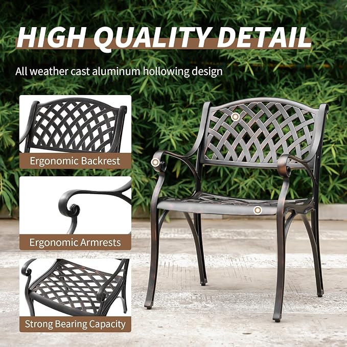 3 Piece Patio Bistro Set, Outdoor Cast Aluminum Dining Set, Patio Bistro Furniture Set Round Table with Umbrella Hole for Backyard Lawn Garden