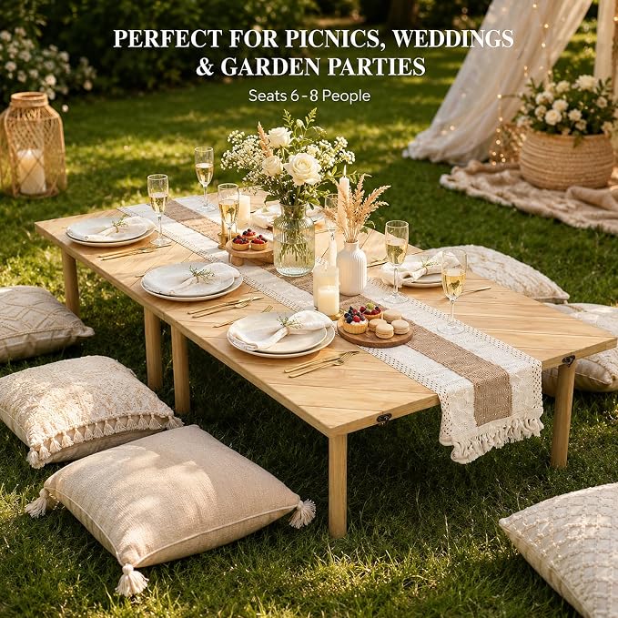 60" x 30" Low Picnic Table with 8 Wooden Legs Boho Table Runner Folding Picnic Table Portable for Indoor Outdoor Use Ideal for Backyard Picnic Beach Weddings Garden Parties (Herringbone)