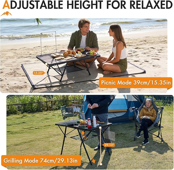 Portal Iron Mesh Folding Grill Table with 2 Adjustable Heights(15" & 29"), Heavy Duty Metal Camp Table, Heat-Resistant Tabletop for BBQ & Outdoor Cooking, One-Piece Folding Design, Dark Gray