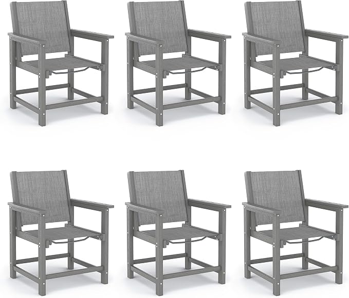 Amopatio Outdoor HDPE Dining Chairs Set of 6 All-Weather Patio Chairs with Textilene Backrest Heavy Duty for Porch Backyard Deck Lawn Garden, Gray