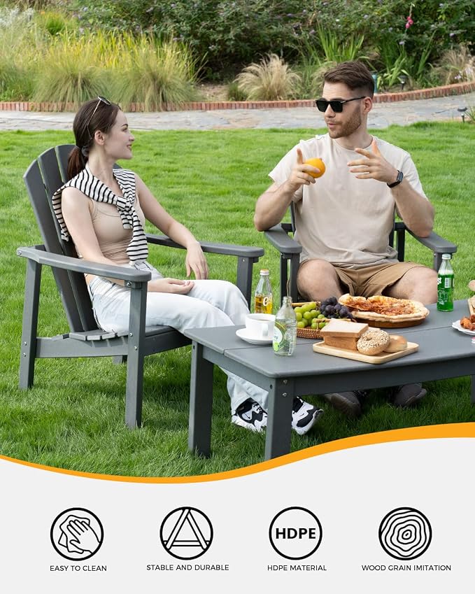 nevilywood 5-Piece HDPE Adirondack Chair Set, 4 Stackable Chairs Coffee Table, All-Weather Wood Grain, Patio Garden Backyard,Gray