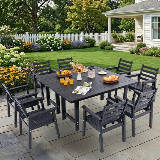 10-Piece Outdoor Dining Set, All-Weather HDPE Patio Furniture, Two 66.5" Slatted Table with 1.6" Umbrella Hole & 8 Ergonomic Armchairs, Heavy Duty 350lbs Capacity, UV Resistant, Black