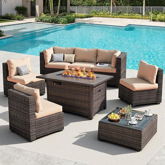 Patio Furniture Set, 8 PCS Outdoor Sectional Patio Furniture Set with 42" Fire Pit Table, Rattan Wicker Sofa Couch for Garden Backyard Deck Poolside, Beige