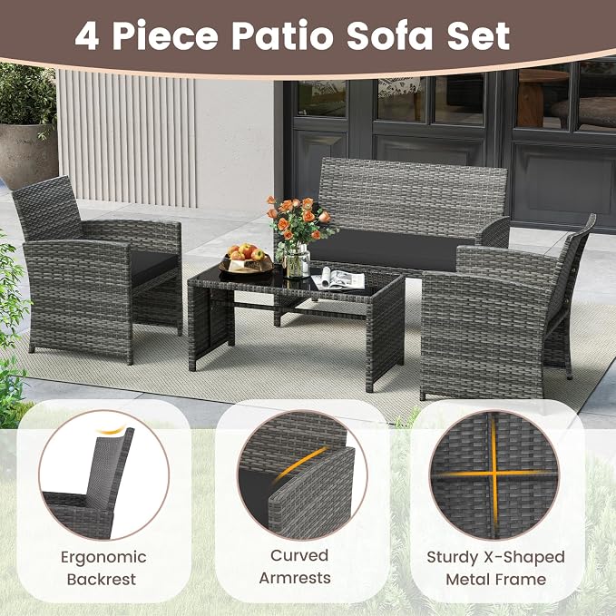 HAPPYGRILL 8 Piece Rattan Wicker Patio Conversation Set, Outdoor Furniture with Chair Loveseat Table & Cushion, for Backyard Porch Balcony (2, Black)