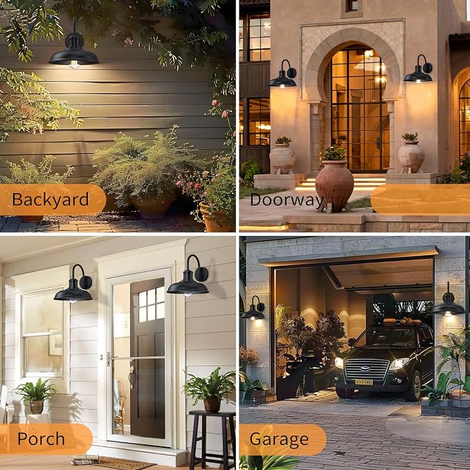 12'' Diameter Dusk to Dawn Outdoor Gooseneck Barn Light, Black | Large Exterior Lighting Fixture, Outdoor Wall Sconce Farmhouse Industrial Wall Lantern for Porch, Garage, Black, 2 Packs