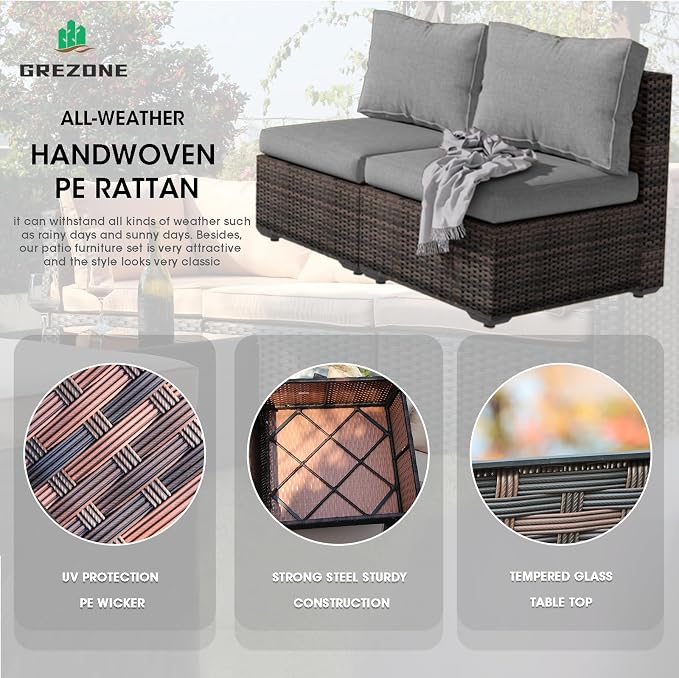 Outdoor Sectional Furniture, 5 Piece Patio Furniture Set with 42-inch Fire Wicker Propane Fire Pit Table - All Weather Wicker Rattan Couch Sofa Conversation Set for Backyard Lawn Poolside Deck, Grey