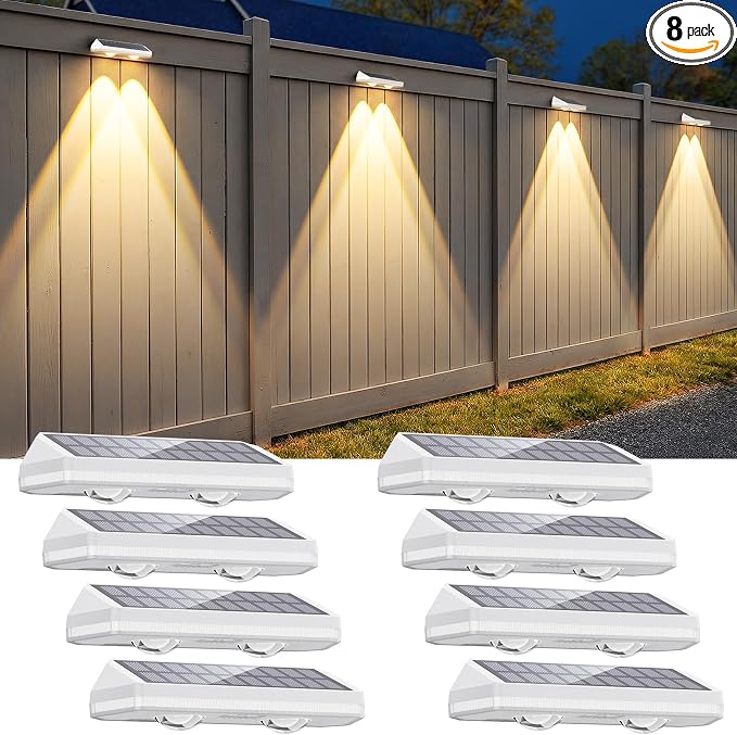 Solar Fence Lights Outdoor ,3000/4500/6000K 13 Mode, 8 Pack Fence Lights Solar Powered with Ultra-Bright Lens IP65 Waterproof,Solar Wall Light for Backyard/Step/Patio/Deck/Stair/Railings(White)