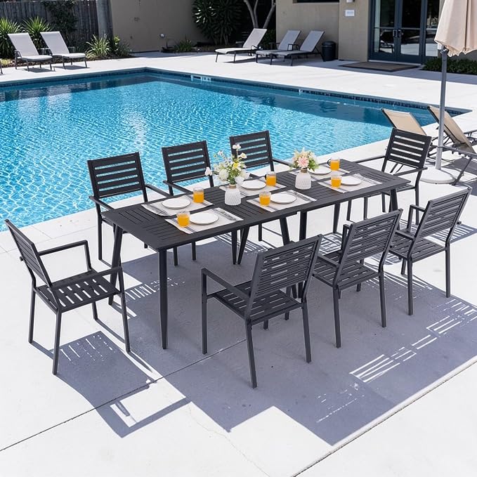 10-Piece Outdoor Dining Set - Two 47.25" HDPE Patio Tables and 8 Stackable Armrest Chairs - All-Weather Rust-Proof Steel Frame for Garden, Deck(Black)