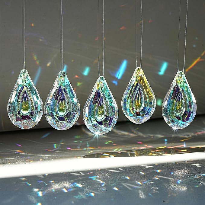 12pcs Suncatcher Crystal 50mm AB Loquat Shape Chandelier Parts Drops Prisms | Rainbow Maker,Hanging Crystal Sun Catchers,Colorful Glass Ornaments For Christmas Tree,Glass Beads For Suncatcher