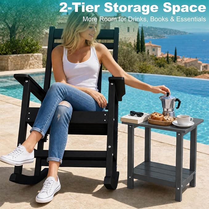 Outdoor Side Table with Storage Shelf, 2-Tier Patio Side Table, HDPE All Weather Outdoor End Tables for Adirondack Chair, Small Patio End Table for Deck Backyard Porch Lawn Poolside, Grey