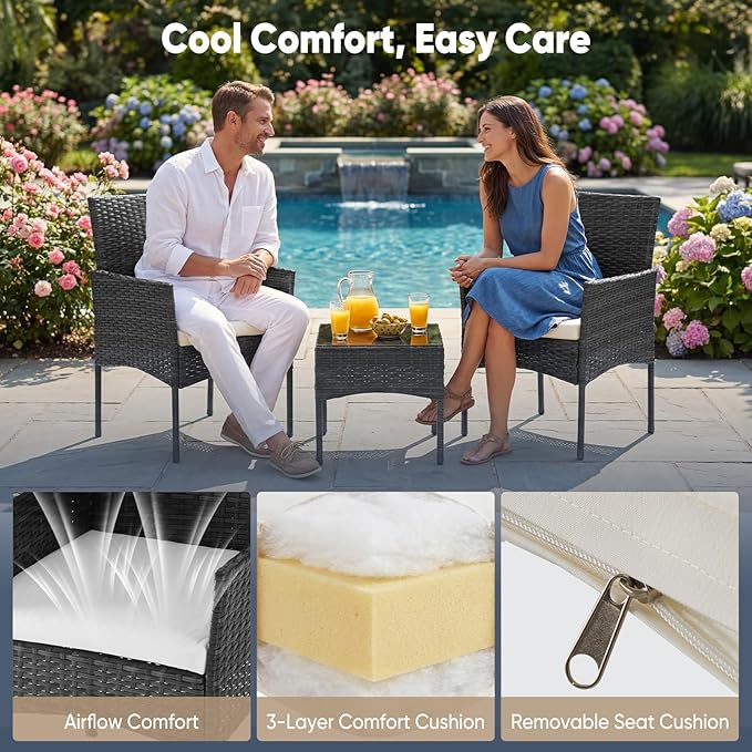 DUMOS 3 Piece Patio Furniture Set, All-Weather Outdoor Wicker Chairs with Removable Cushions & Tempered Glass Table, Small Bistro Set for Porch, Balcony, Lawn, Backyard, Black