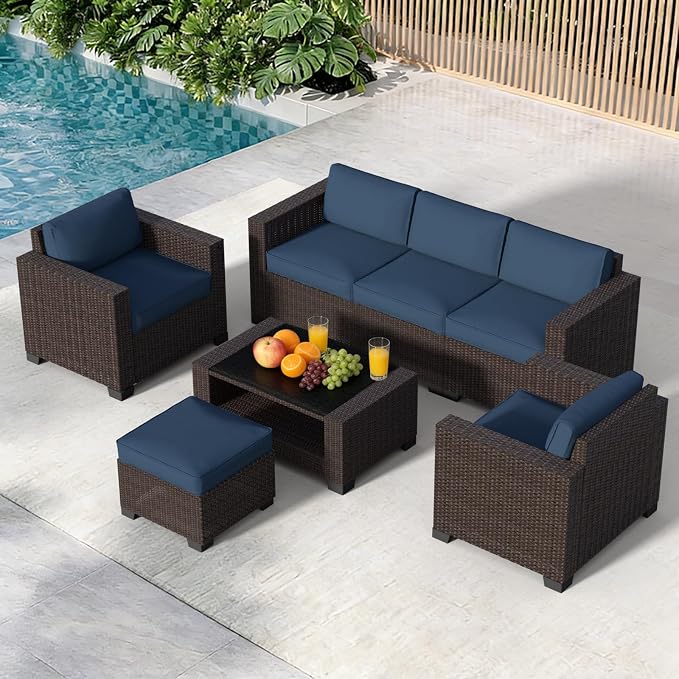 YLGJ&TIDY 7 PCS Outdoor Patio Wicker Furniture Set Sofa with Coffee Table | All Weather Rattan Woven Patio Conversation Set with Dark Blue Thicken Cushion and Tempered Glass Table for Garden Backyard