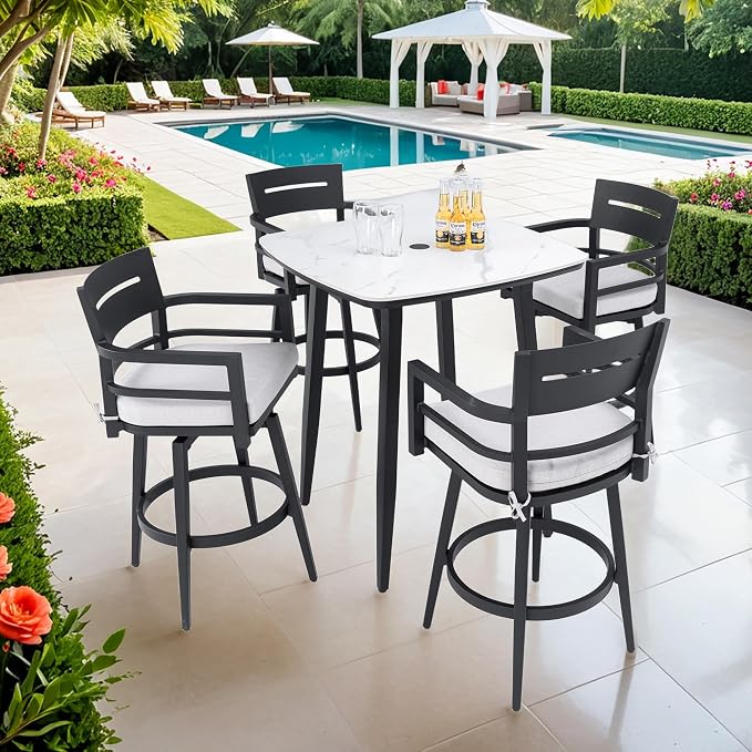 Modern 5-Piece Outdoor Patio Bar Table Set for 4, Small Square Marble Stone Table with 4 Weather-Resistant Swivel Bar Chairs, Aluminum Frame and Umbrella Hole, Sunbrella Cushion