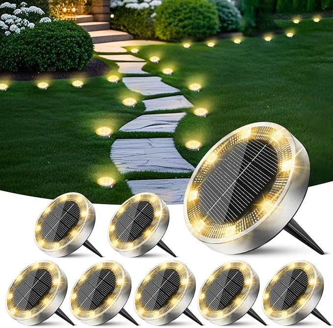 Solar Ground Lights Outdoor, 8 Pack Flat Solar Powered Disc Lights, IP68 Waterproof, Anti-Rust, Landscape Lighting for Pathway Garden Yard Lawn Walkway Landscape Driveway, Mini, Warm White