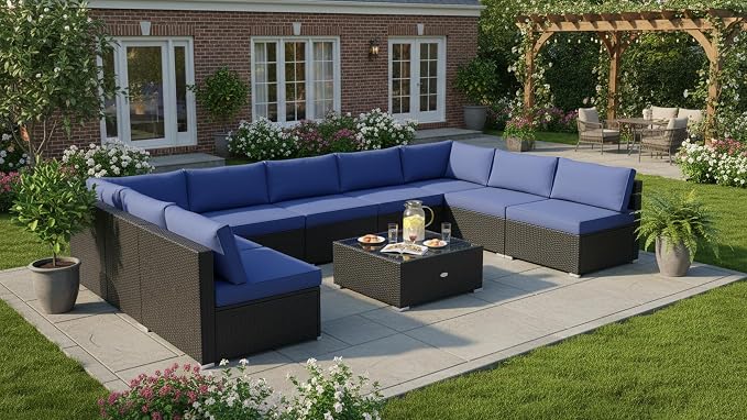 Tangkula 10 Pieces Patio Sofa Set, Outdoor Wicker Conversation Set with Soft Cushions, Tempered Glass Tabletop, Sofa Fastener Clips Included, Rattan Furniture Set for Backyard, Poolside (Navy)