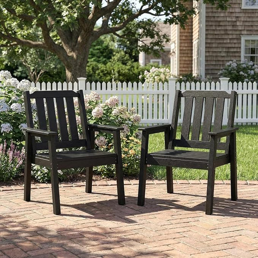 Takywep 23.9” Wide HDPE Patio Dining Chairs Set of 2, 650LBS Capacity All-Weather Yard Armchair with Slatted Seat, Heavy Duty Modern Backyard Furniture for Garden, Poolside, Deck, Black