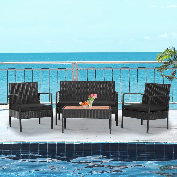 COSTWAY 8PCS Patio Rattan Furniture Set Cushioned Chair Wooden Tabletop Black