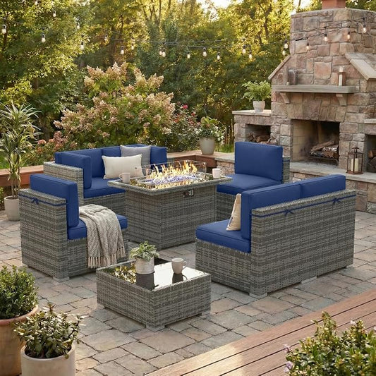 8 Pieces Patio Furniture Set with 44" Propane Gas Fire Pit Table, Outdoor Sectional Wicker Conversation Sofa Sets with Coffee Table