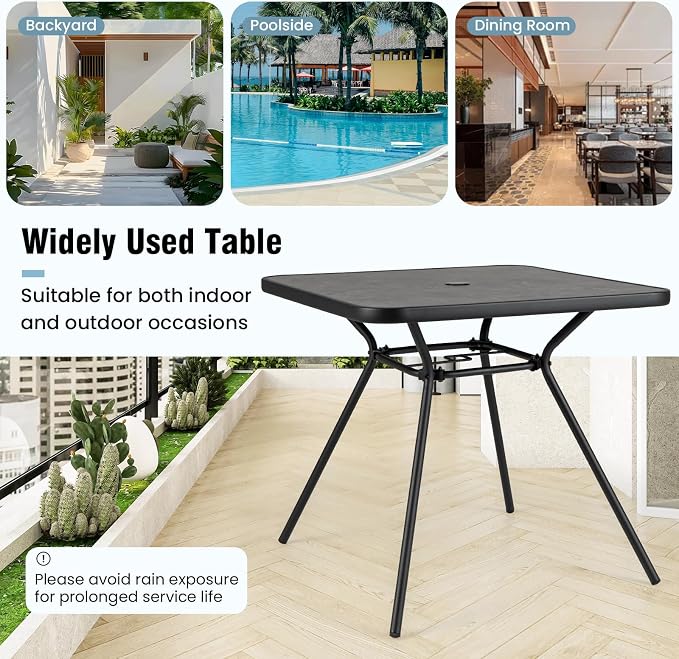 Tangkula 32-Inch Square Patio Dining Table for 4, Outdoor Bistro Table with Umbrella Hole, DPC Tabletop & Heavy-Duty Metal Frame, 4-Person Outside Table for Backyard, Porch, Poolside, Deck