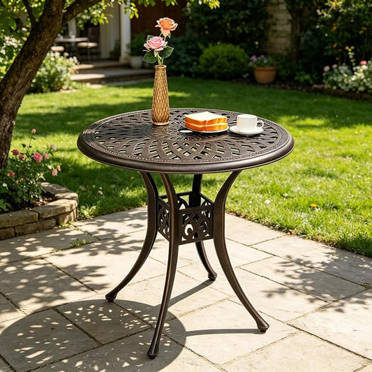 34.5" Outdoor Bistro Table - Round Cast Aluminum Small Patio Side Tables, Outdoor End Table All Weather Furniture with Umbrella Hole and Antique Design for Balcony Yard Porch Garden Bronze