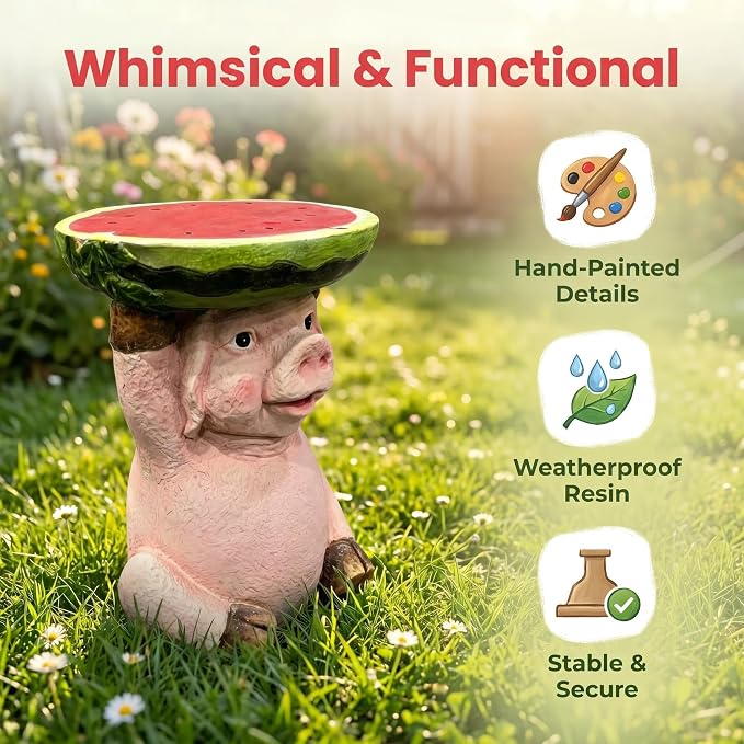 13.4 Inch Tall Pig Side Table Garden Decor Outdoor Resin Statue | Whimsical Watermelon Tray, Plant Stand, End Table Figurine, Weather Resistant
