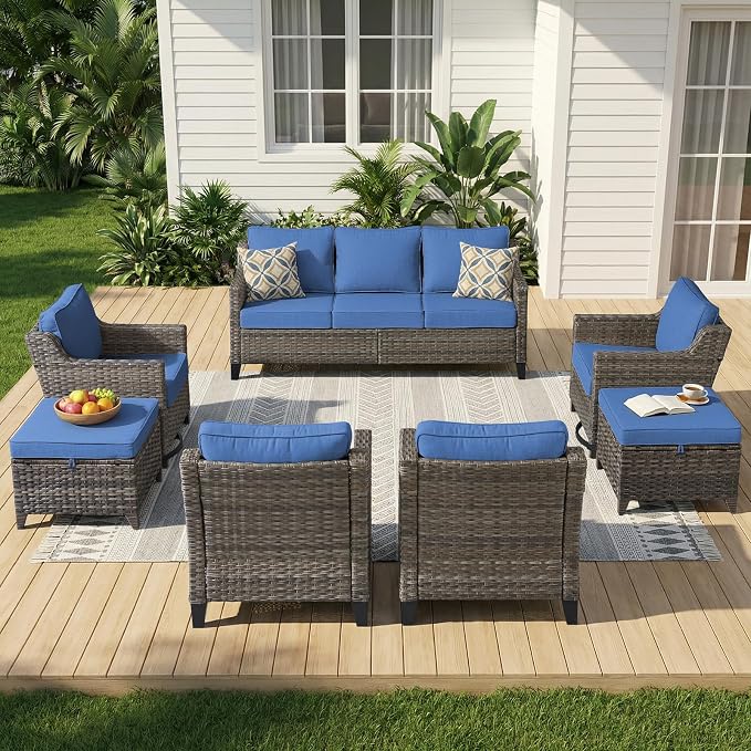 Outdoor Furniture Set of 7, Patio Furniture Set with 4 Wicker Swivel Rocker Chairs, 2 Ottomans and Sofa, High Back&Deep Seat for Garden Deck Porch Balcony Backyard - Blue