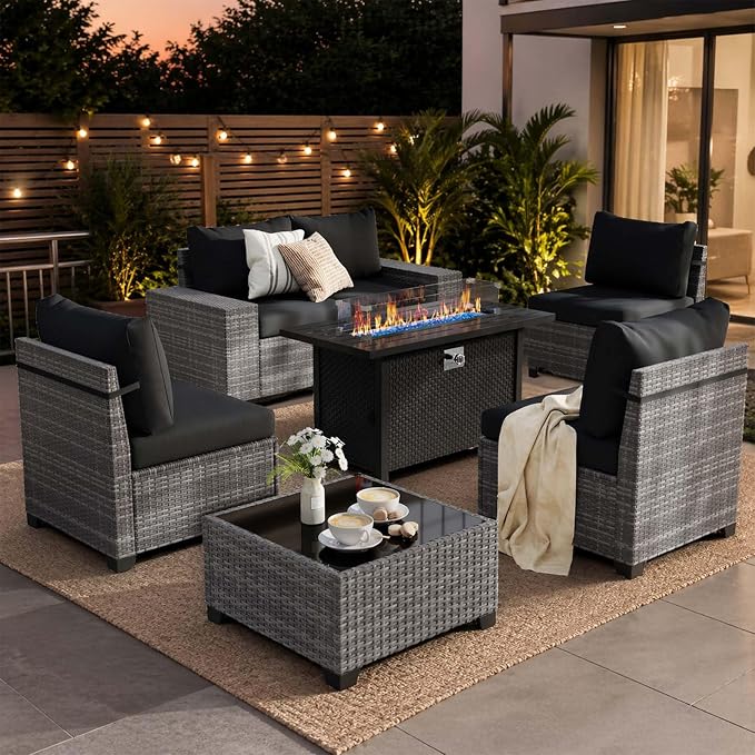 JOIVI 7 Pieces Outdoor Patio Furniture Set with 45” Fire Pit Table, Rattan Patio Sectional Sofa Conversation Set with 50000BTU Propane Fire Pit and Coffee Table for Garden, Backyard, Deck, Black