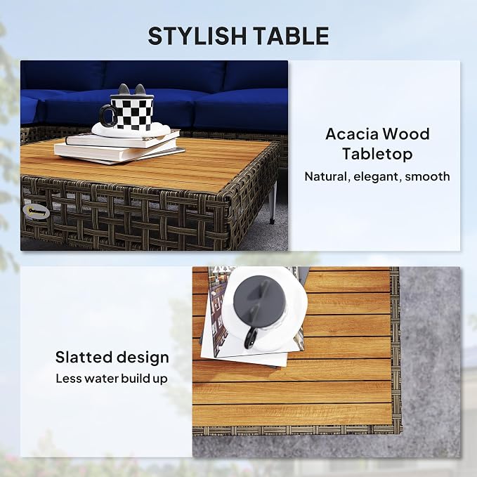 Outsunny 7 Piece Wicker Patio Furniture Set, Modular Outdoor Sectional with Thickened Cushions, Rattan Outdoor Furniture Conversation Set with Slatted Acacia Wood Table for Backyard, Brown/Dark Blue