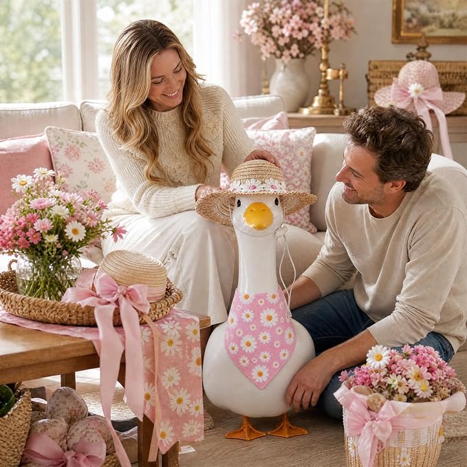 Summer Floral Porch Goose Outfit - 2Pcs Cute Pink Daisy Cottage Style Clothes with Straw Hat & Bandana Bib, Garden Lawn Decoration for 23 Inch Cement/Plastic Statue