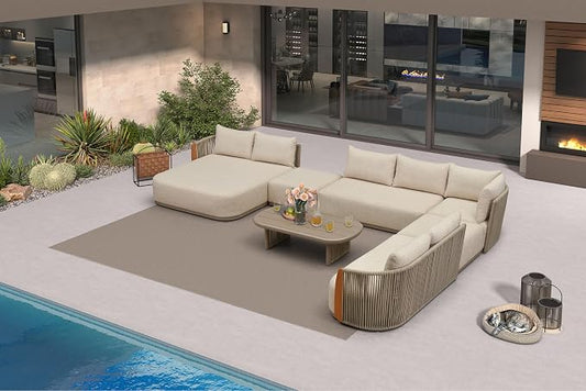PURPLE LEAF Patio Furniture Set, 7-Piece L-Shaped Patio Conversation Sets with Genuine Teak, Olefin Fabric & 9" Thick Backrest& Aluminum Rope Coffee Table - Luxury Outdoor Sectional Sofa
