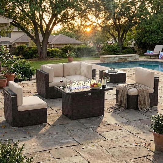 6 Pieces Patio Furniture Set with 44" Propane Gas Fire Pit Table, Outdoor Sectional Brown Rattan Wicker Conversation Sofa Sets with Coffee Table
