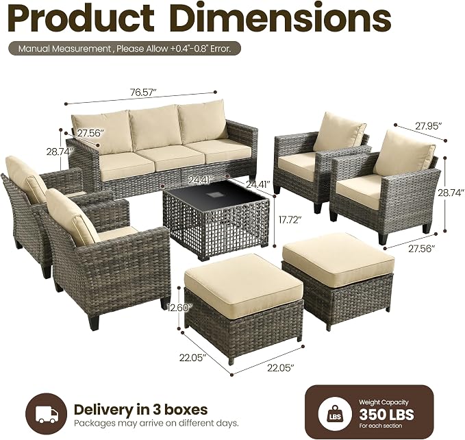 8 Piece Wicker Patio Furniture Set with Solar Table, Beige | Outdoor Deep Seating Sofa Chair Ottoman, Solar Lights Table, All Weather Rattan, Modern Conversation Set, Porch Deck Backyard