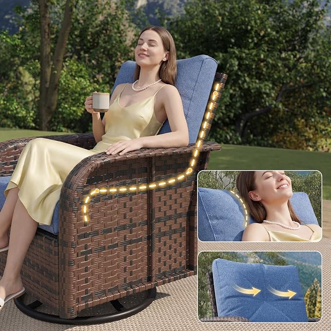 LazySunsets 7 Piece Outdoor Patio Furniture Set with Coffee Table, Wicker Rattan Outdoor Furniture with High Back Swivel Rocker Chairs, Outdoor Conversation Set with Thick Cushion, Navy Blue