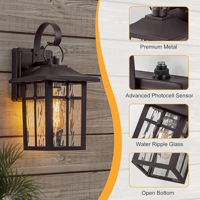 2 Pack Dusk to Dawn Outdoor Wall Lights, Bronze Porch Lanterns | Aluminum Garage Light, Ripple Glass, Weather Resistant, For Garage Patio Entryway