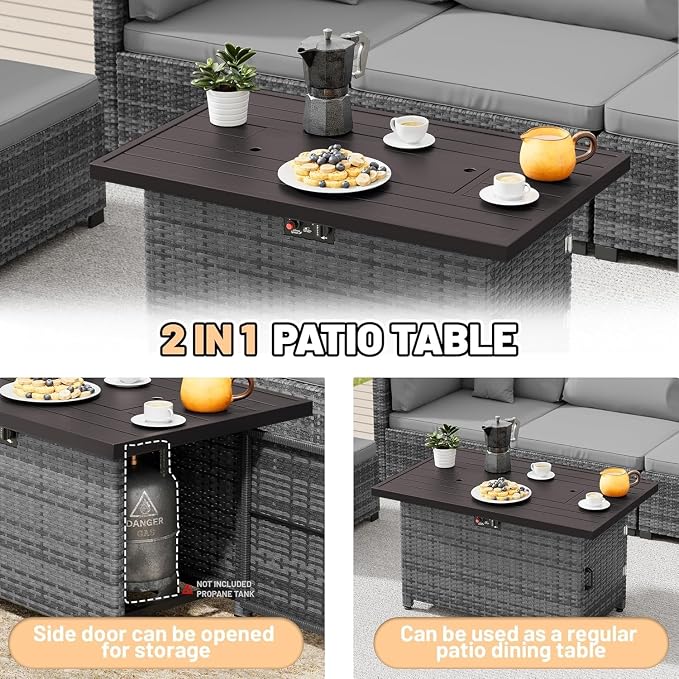 8-Piece Outdoor Patio Rattan Furniture Set, Grey Wicker Sectional Conversation Set with 50,000 BTU Propane Fire Pit Table for Garden and Patio