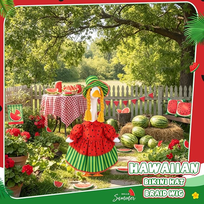 Summer Watermelon Porch Goose Outfit for 23'' Cement Statue Watermelon Costume Clothes Dress Plastic Goose for Outdoor Front Garden Yard Patio Lawn Decor