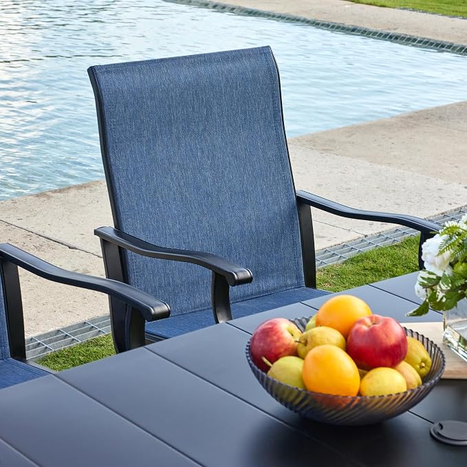 VICLLAX 5 Pieces Patio Dining Set, Patio Furniture Set of 4 Patio Swivel Dining Chairs and Square Patio Table with Storage Shelf, Navy Blue Chairs & Black Tabletop