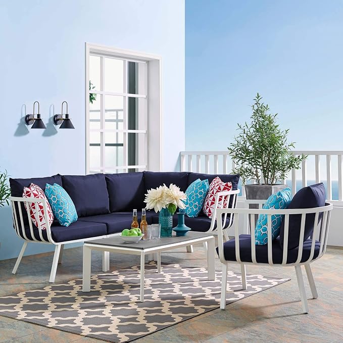 Modway Riverside 6 Piece Sectional Set with Armchair and Table, 61. 5" L x 114" w x 28" H, White Navy
