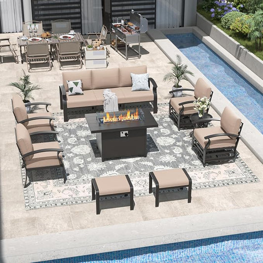 Kullavik Aluminum Patio Furniture Set,9 Piece Modern Metal Outdoor Patio Furniture w/5.1'' Thick Cushion,Swivel Chairs,Ottomans and Propane Fire Pit Table,Patio Conversation Sets for Porch,Deck,Sand