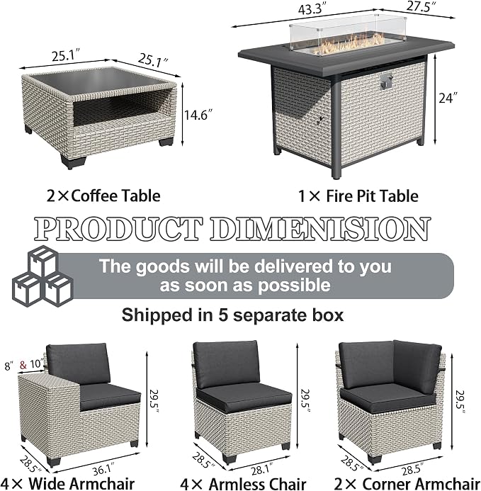 13-Piece Outdoor Patio Furniture Set with Fire Pit, Modular Sectional Sofa Set with Glass Coffee Table and Cushions, Wicker Outdoor Couch Conversation Sets, Black