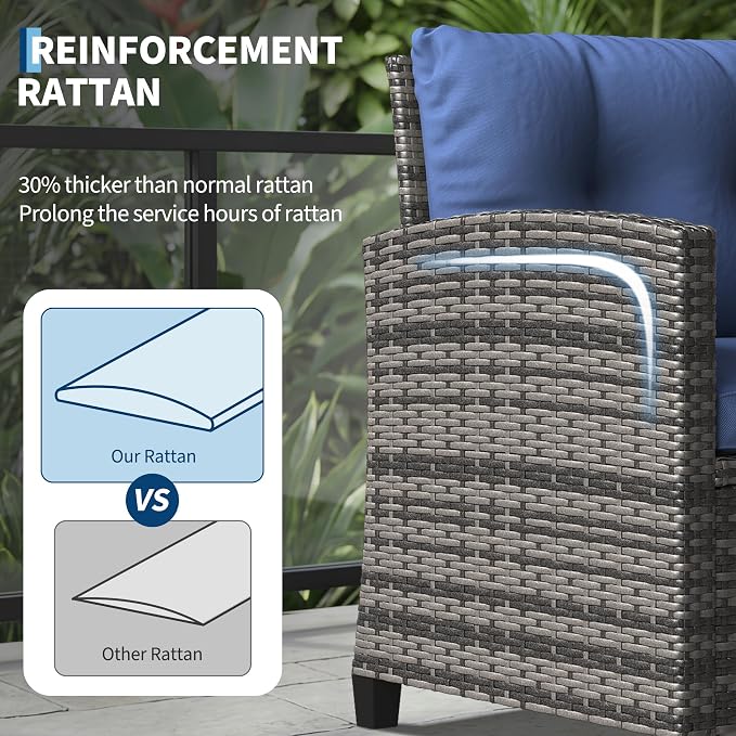GarveeLife 3 Pieces Patio Furniture Set, PE Rattan Patio Conversation Set with Tempered Glass Tabletop, Outdoor Wicker Chairs and Table Set for Patio Balcony Garden, Grey & Blue