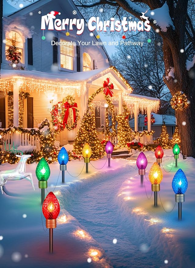 2 Pack Strawberry Jumbo C9 Christmas Pathway Lights Outdoor, Total 17FT | 10 LED C9 Walkway Light, Multicolor Bulb Holiday Pathway Light, Connectable Christmas Lights Outdoor Decoration for Lawn Yard