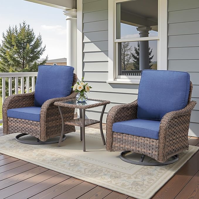 3 PCS Patio Swivel Rocking Chairs Set, Outdoor Wicker Furniture with 4-Inch Thick Olefin Cushions & Side Table, 300 lbs Capacity Swivel Rocker Chairs for Porch, Balcony, Backyard, Blue