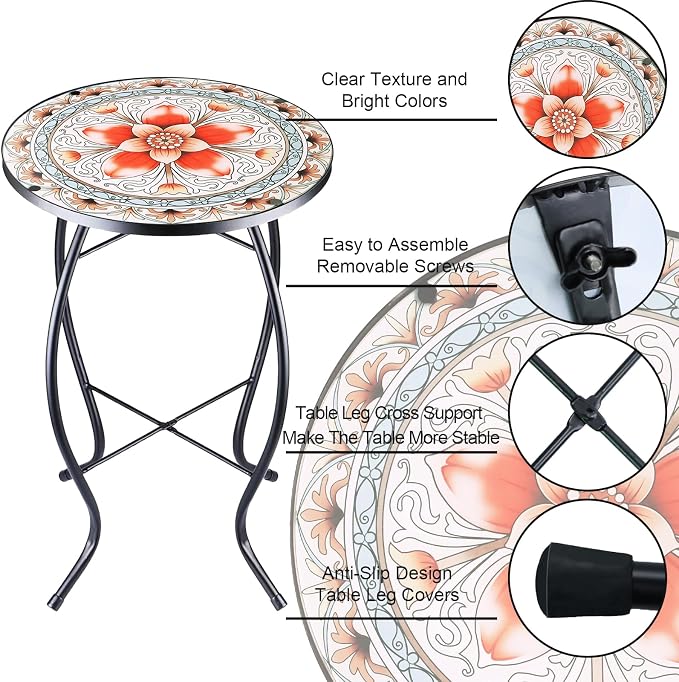 Arbuxzuy 2PCS 12 Inch Small Outdoor Side Table with Pink Flower, Glass Mosaic Patio Table Indoor, Round Plant Coffee Table for Living Room, Balcony, Garden