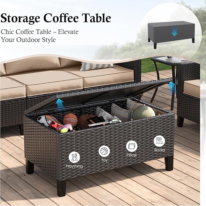 Amopatio Patio Furniture Set, Wicker Outdoor Sectional Sofa with Swivel Rocker Chairs, All-Weather Rattan Conversation Set, Storage Coffee Table, Waterproof Cover for Backyard,Deck Black/Khak 5 PCS