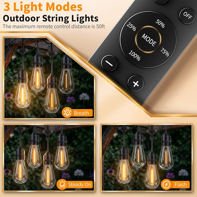 Hotsonic Remote Control Outdoor String Lights Waterproof, 50 FT LED Outside Lights with Shatterproof Bulbs, Dimmable Hanging S14 Lights 3 Modes for Patio Porch Garden pergola Yard Party House Decors