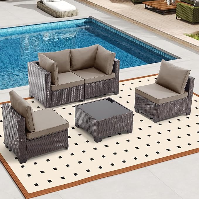 Bonzy Home 5 Pieces Outdoor Patio Furniture Set, PE Rattan Outdoor Sectional Furniture Sofa Set with Removable Cover and Glass Coffee Table, Patio Sofa for Balcony, Porch, Garden, (Brown-Khaki)