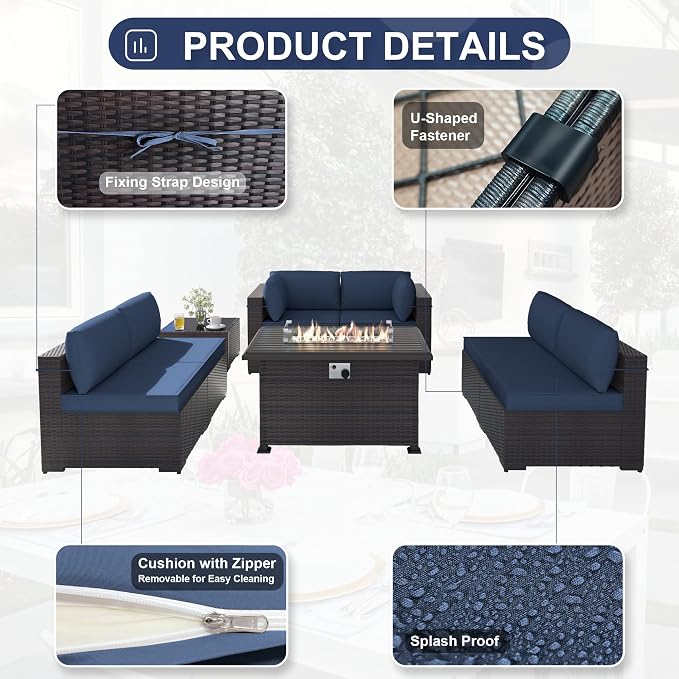 Kurapika 11 Pieces Patio Furniture Set, Rattan Wicker Outdoor Conversation Sets w/43in Propane Fire Pit Table, Swivel Rocking Chairs Patio Sectional Sofa w/4" Cushion, Navy Blue