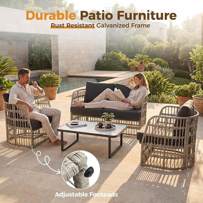 Outdoor Sectional Furniture Set, Patio Wicker Furniture Set, 4 Piece Rattan Patio Conversation Sets, Balcony Loveseat, Outdoor Sofa for Backyard, Garden, Outside, Lawn, Poolside, Grey