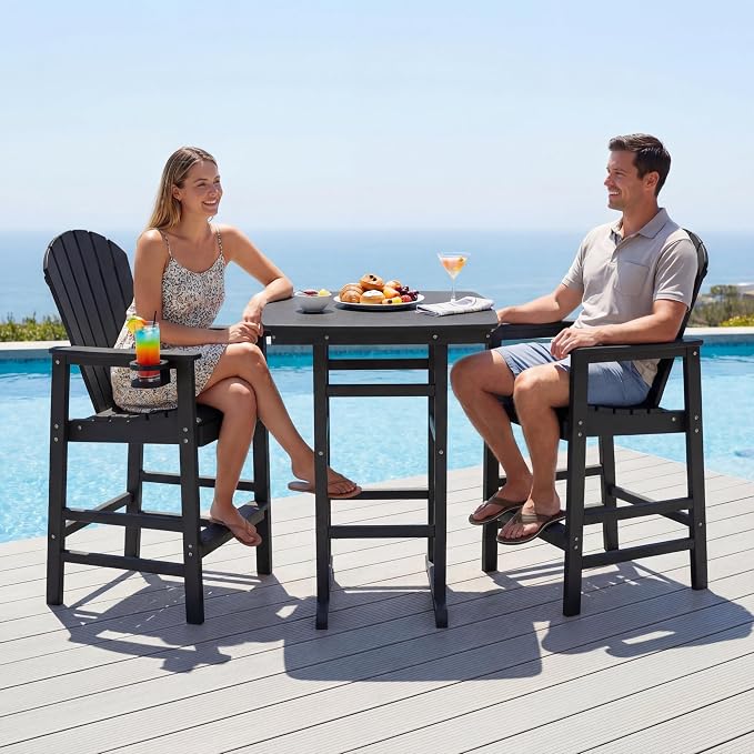 3-Piece HDPE Bar Height Table and Chairs Set, 42.1" Square High Top Pub Table with Umbrella Hole, 2 Adirondack Charis with Cup Holders, Outdoor Patio Dining Set for Bistro Backyard Deck Black